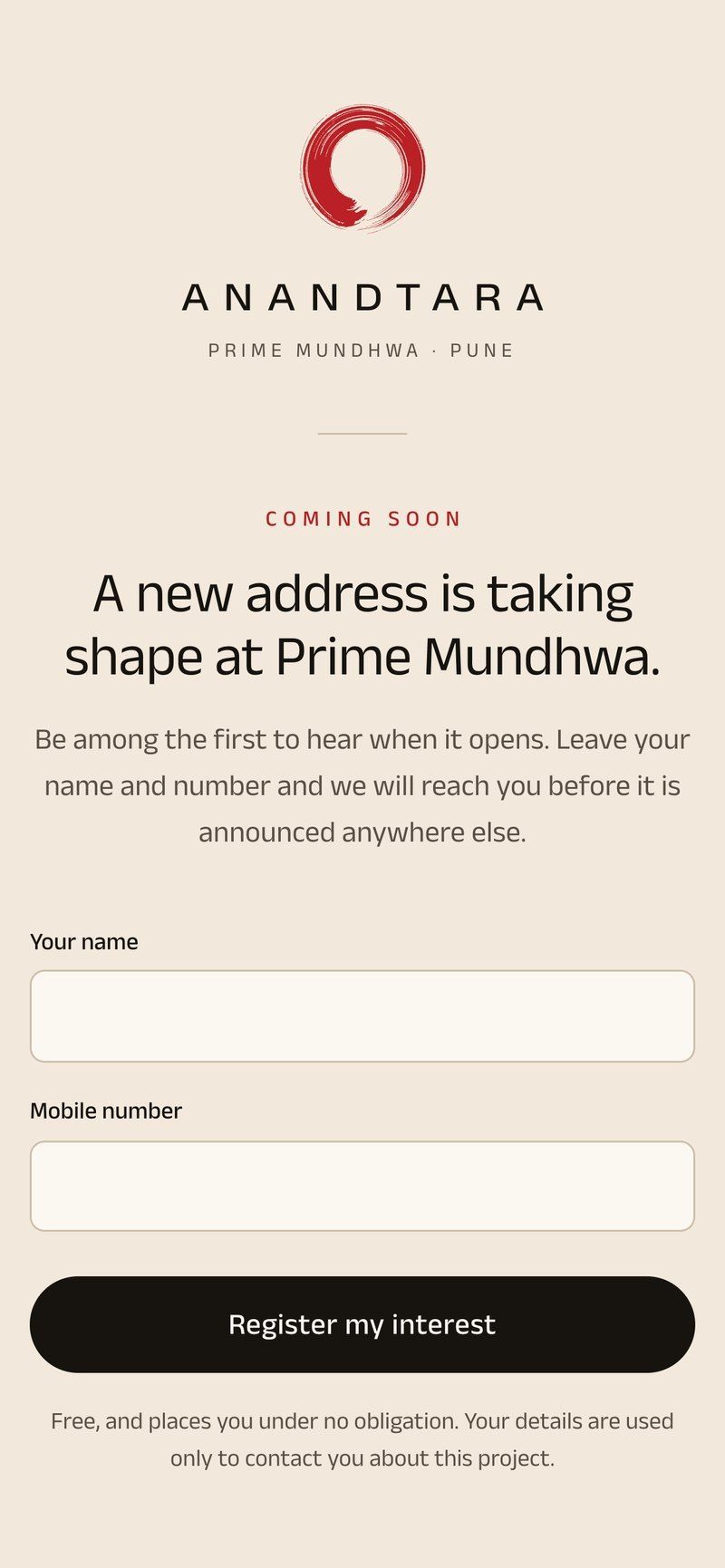 Anandtara pre-launch page: “A new address is taking shape at Prime Mundhwa”, with a register-interest form