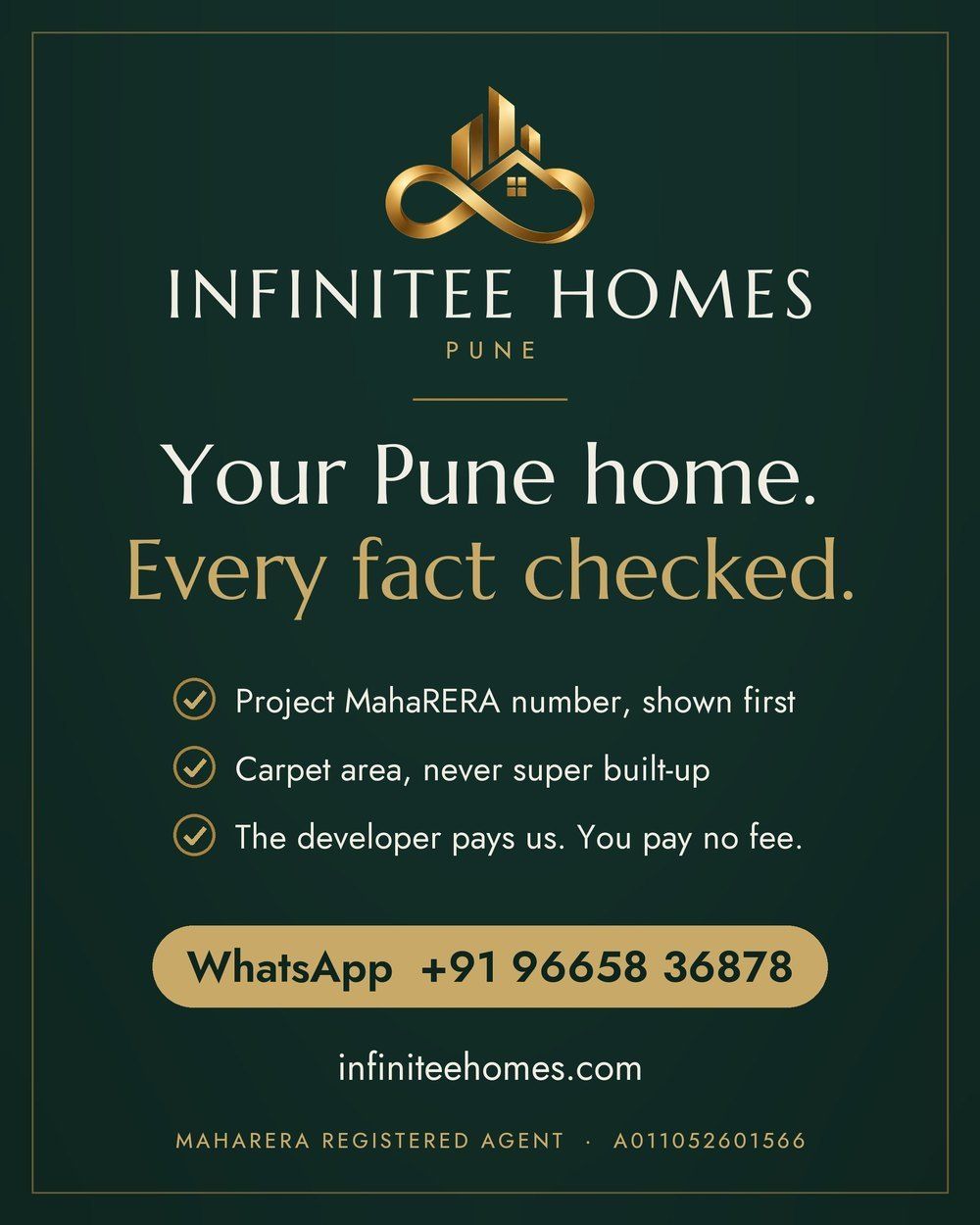 Instagram ad for Infinitee Homes: “Your Pune home. Every fact checked.” with MahaRERA agent number