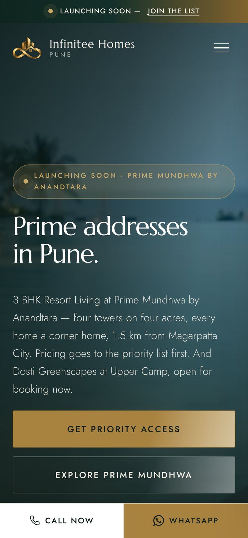Infinitee Homes website on a phone, with Call now and WhatsApp buttons